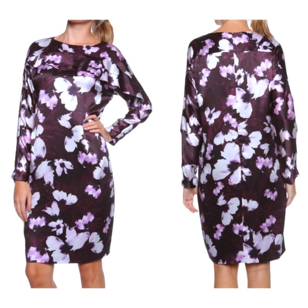 $595 Hugo Boss Davira Premium 100% Silk Dress US 6 Deep Purple Floral Sheath NWT